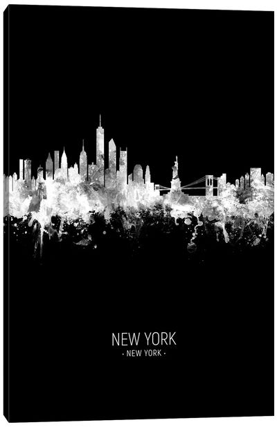 New York Skyline Portrait White On Black Canvas Art Print - Statue of Liberty Art