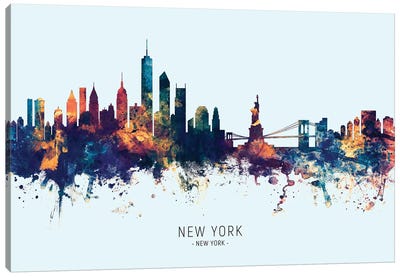 New York Skyline Blue Orange Canvas Art Print - Famous Architecture & Engineering