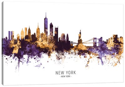 New York Skyline Purple Gold Canvas Art Print - Famous Monuments & Sculptures