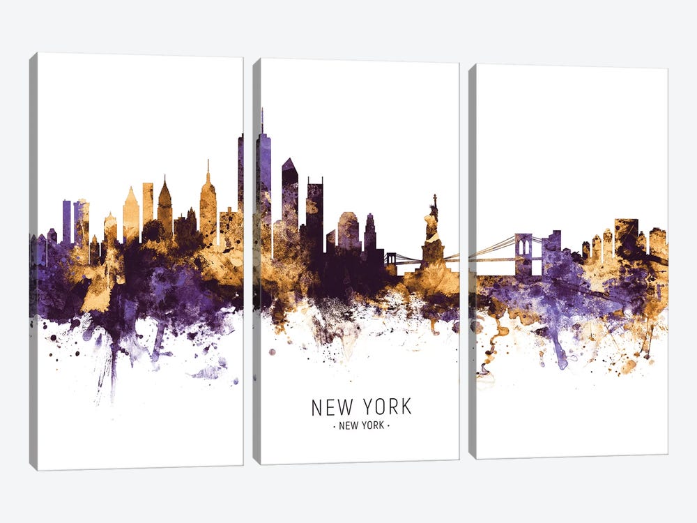 New York Skyline Purple Gold by Michael Tompsett 3-piece Canvas Wall Art