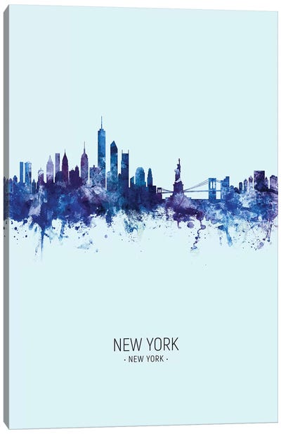 New York Skyline Portrait Dark Blue Canvas Art Print - Statue of Liberty Art