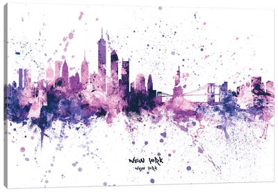 New York Skyline Splash Purple Canvas Art Print - Statue of Liberty Art