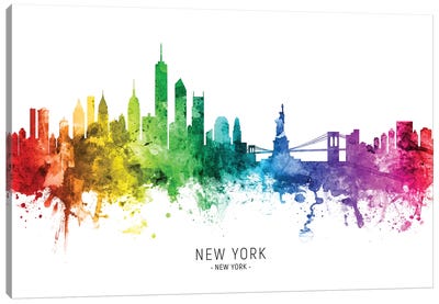 New York Skyline Rainbow Canvas Art Print - Famous Monuments & Sculptures