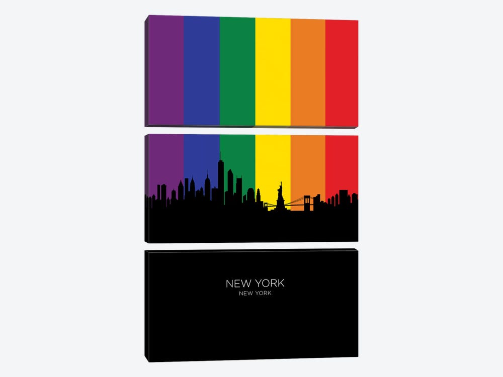 New York Skyline Rainbow Flag by Michael Tompsett 3-piece Canvas Artwork
