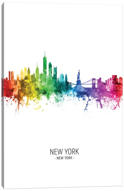 New York Skyline Rainbow Tall Canvas Art Print - Statue of Liberty Art
