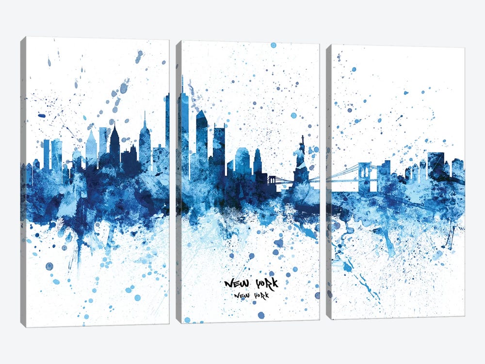 New York Skyline Splash Blue by Michael Tompsett 3-piece Canvas Artwork