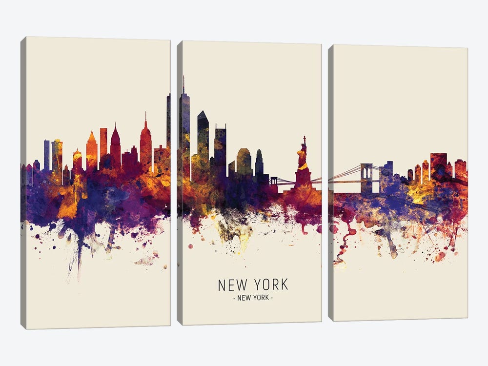 New York Skyline Red Beige by Michael Tompsett 3-piece Canvas Art Print