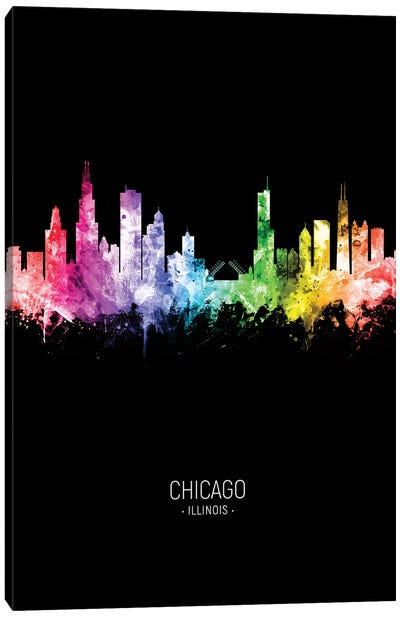 Chicago Illinois Skyline Portrait Rainbow Black Canvas Art Print - Chicago Skylines