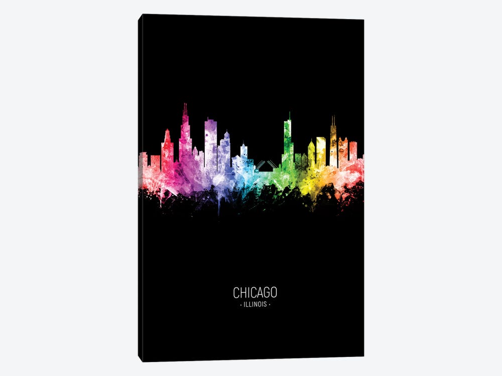 Chicago Illinois Skyline Portrait Rainbow Black by Michael Tompsett 1-piece Canvas Artwork
