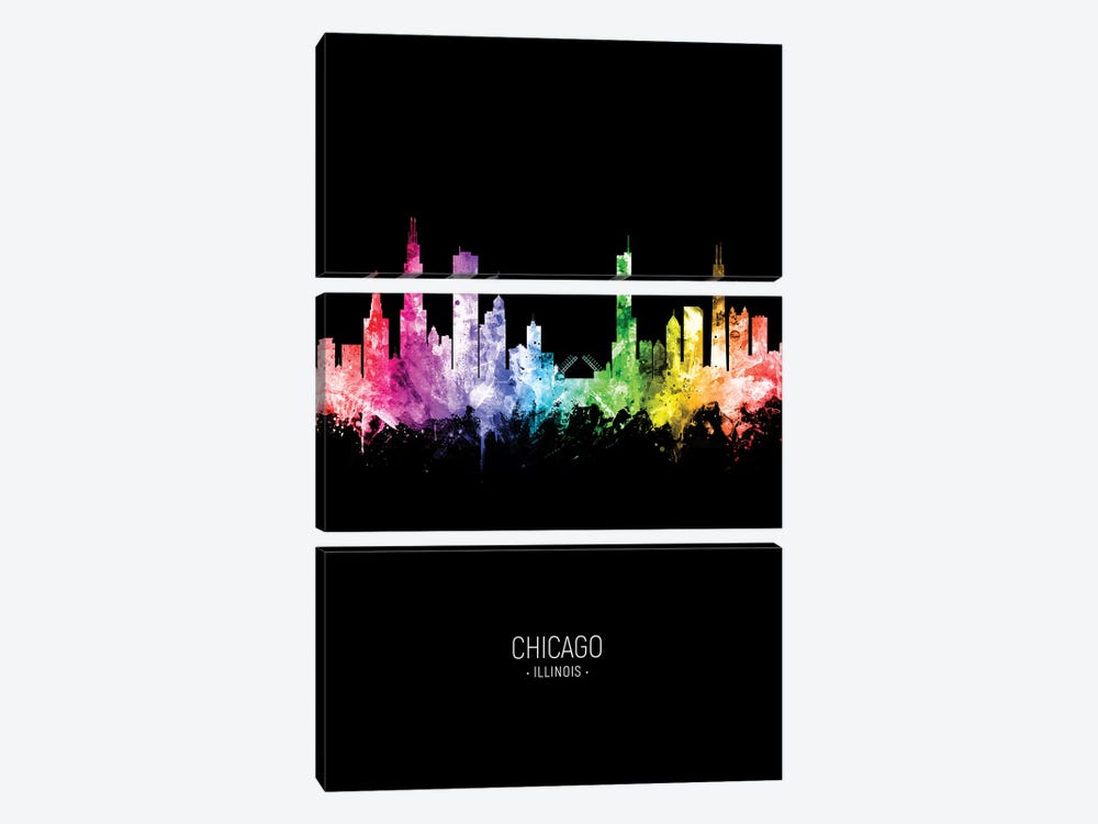 Chicago Illinois Skyline Portrait Rainbow Black by Michael Tompsett 3-piece Canvas Wall Art