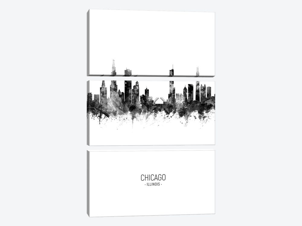 Chicago Illinois Skyline Portrait Black And White by Michael Tompsett 3-piece Canvas Art Print