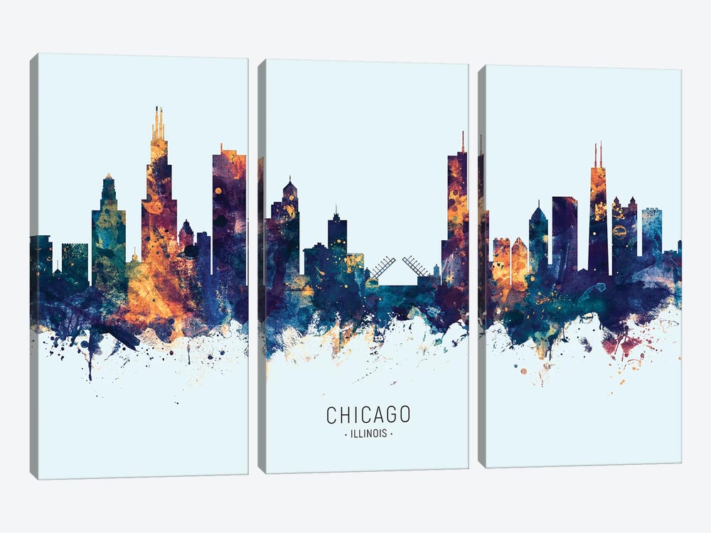 Chicago Illinois Skyline Blue Orange by Michael Tompsett 3-piece Canvas Art