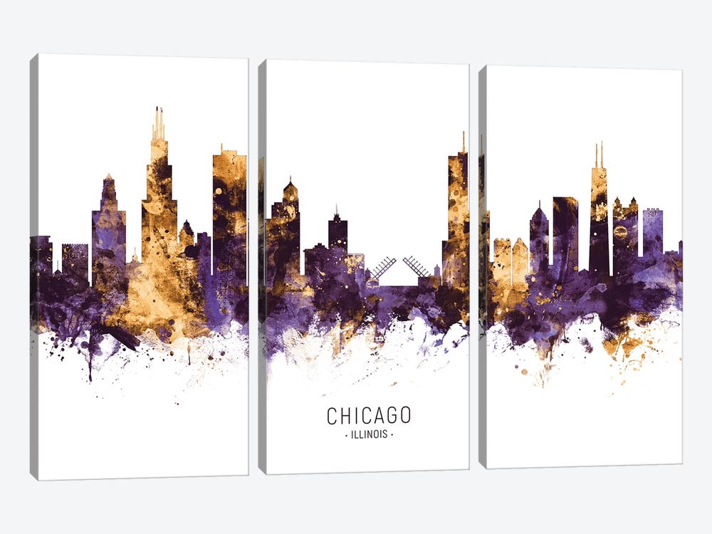 Chicago Illinois Skyline Purple Gold by Michael Tompsett 3-piece Canvas Print