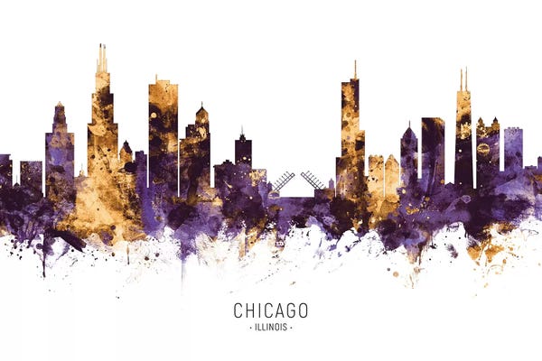 Chicago: Chicago Illinois Skyline Purple Gold by Michael Tompsett