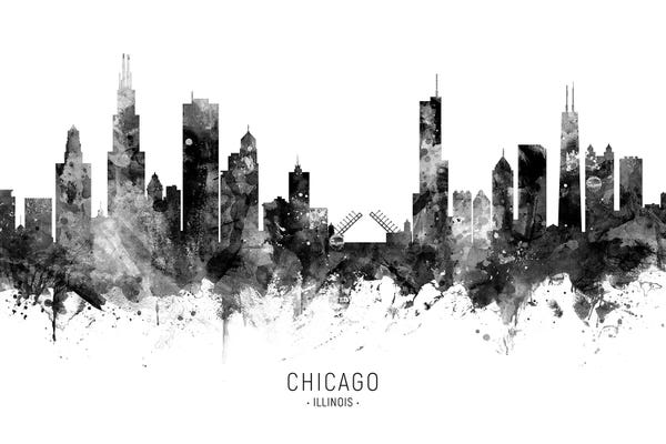 Black & White Scenic Art: Chicago Illinois Skyline Black And White by Michael Tompsett