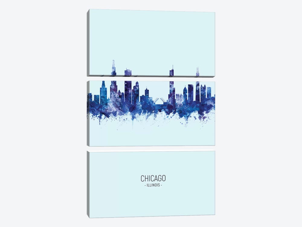 Chicago Illinois Skyline Portrait Dark Blue by Michael Tompsett 3-piece Canvas Art Print