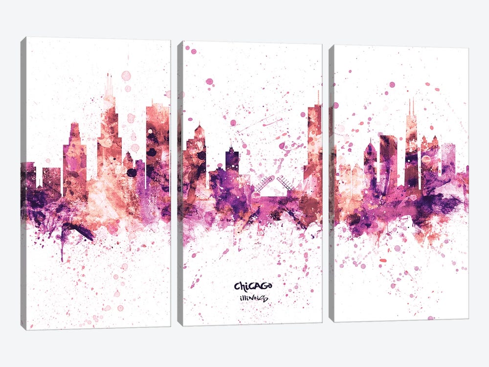 Chicago Illinois Skyline Splash Pink by Michael Tompsett 3-piece Canvas Art
