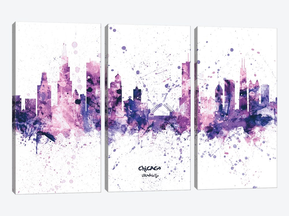 Chicago Illinois Skyline Splash Purple by Michael Tompsett 3-piece Canvas Art Print