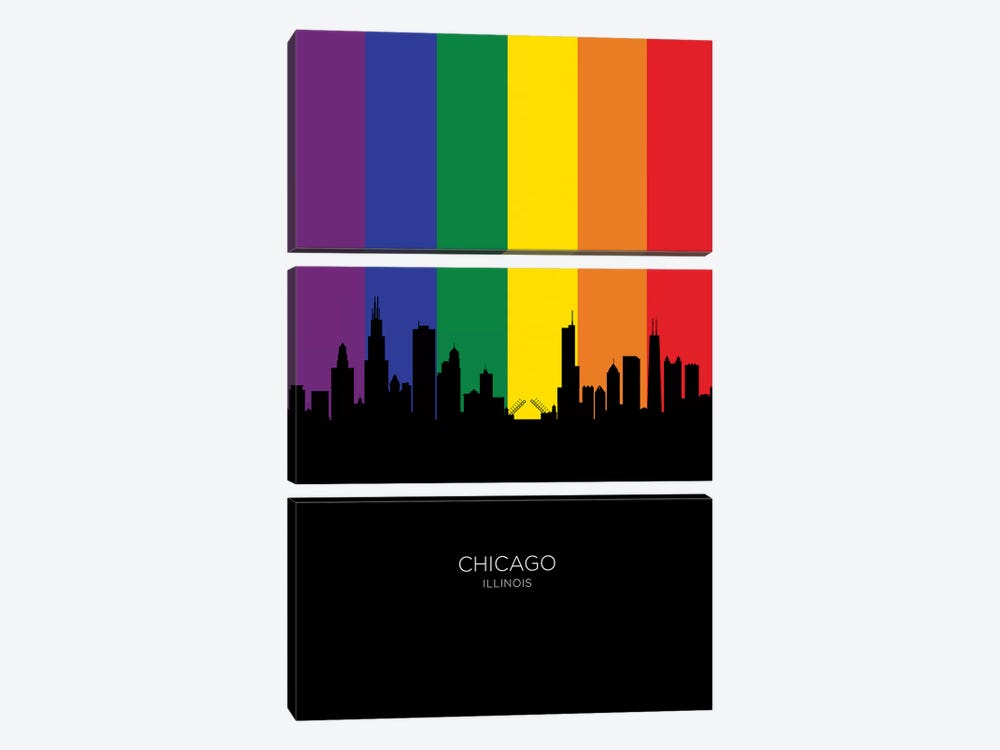 Chicago Illinois Skyline Rainbow Flag by Michael Tompsett 3-piece Canvas Artwork