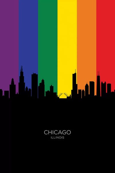 Chicago Skylines: Black on Rainbow Chicago Illinois Skyline by Michael Tompsett