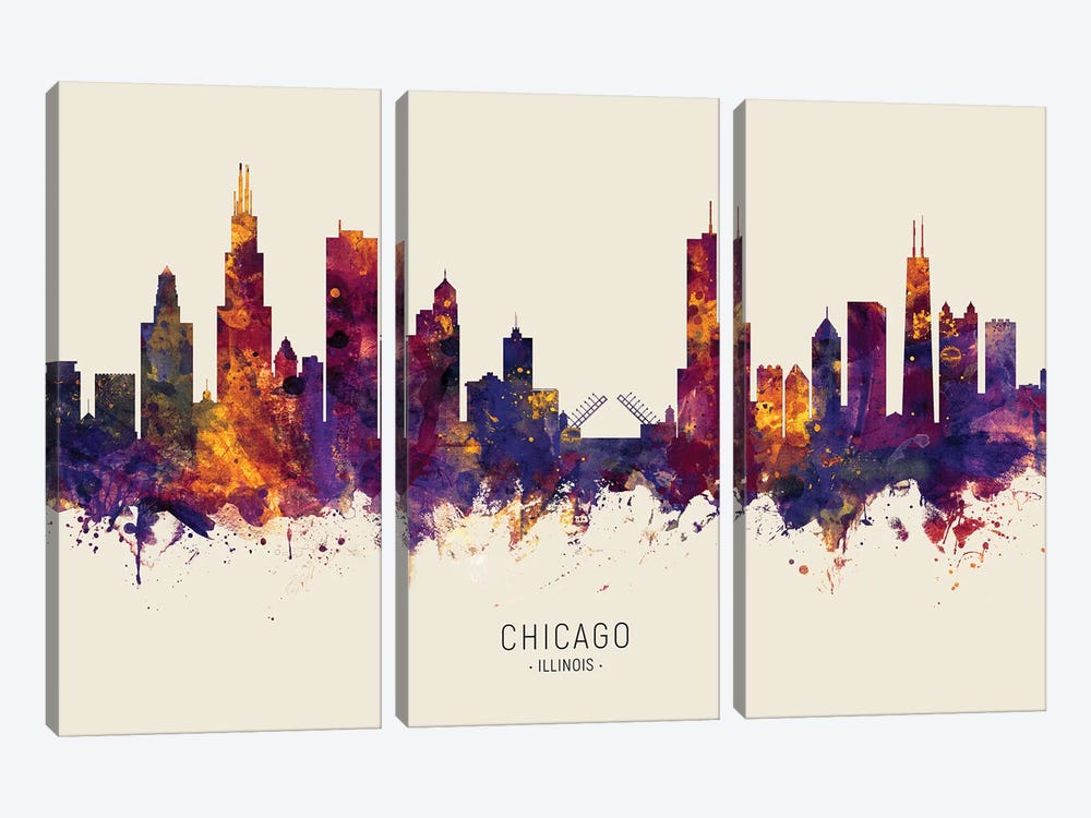 Chicago Illinois Skyline Red Beige by Michael Tompsett 3-piece Canvas Print