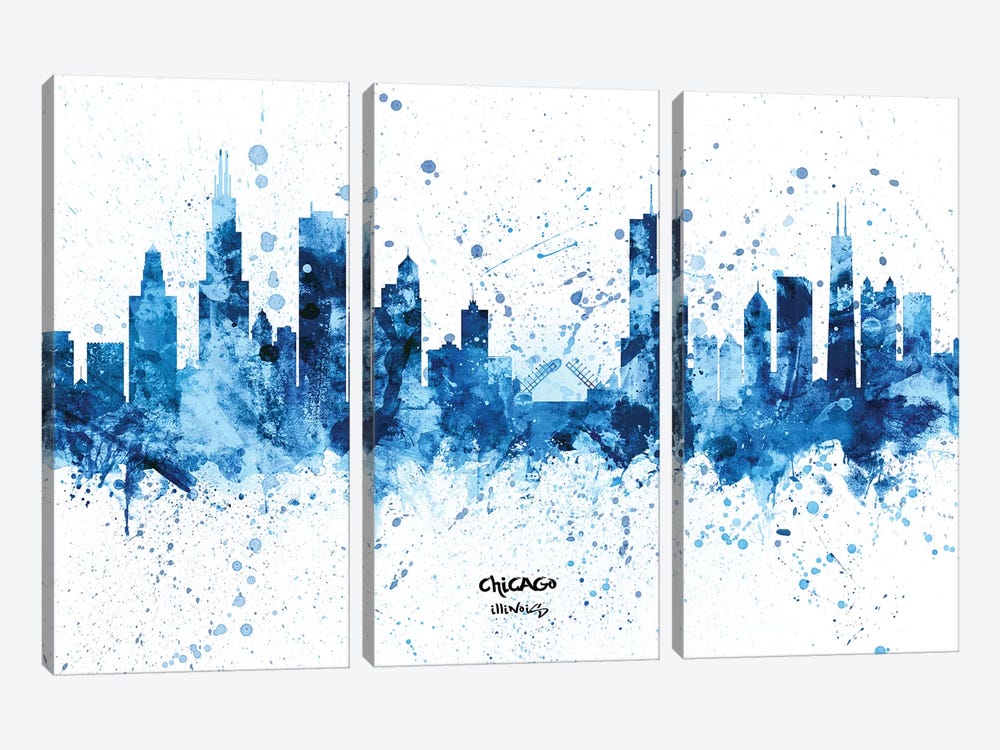 Chicago Illinois Skyline Splash Blue by Michael Tompsett 3-piece Canvas Artwork