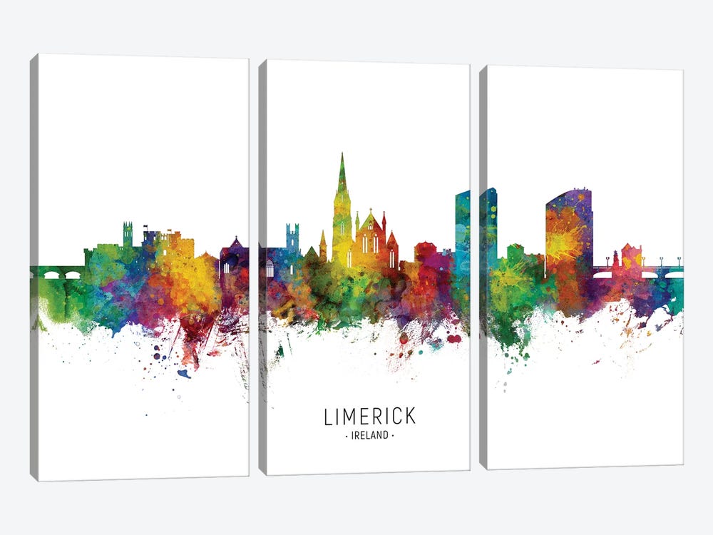 Limerick Ireland Skyline City Name by Michael Tompsett 3-piece Canvas Wall Art