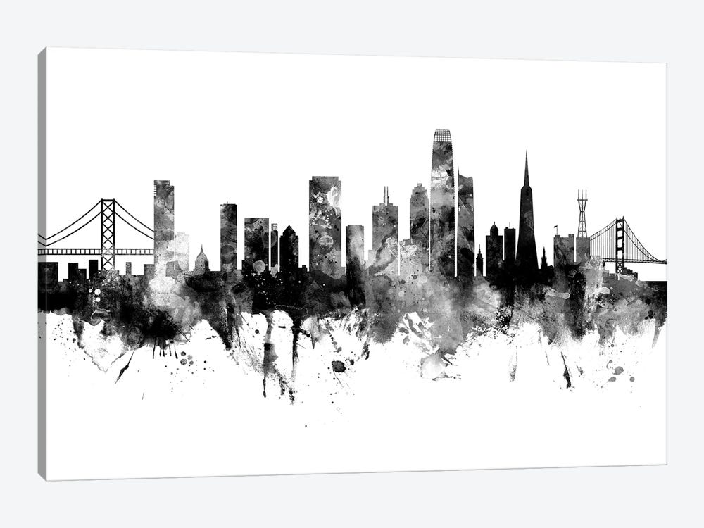 San Francisco California Skyline Black And White by Michael Tompsett 1-piece Canvas Print