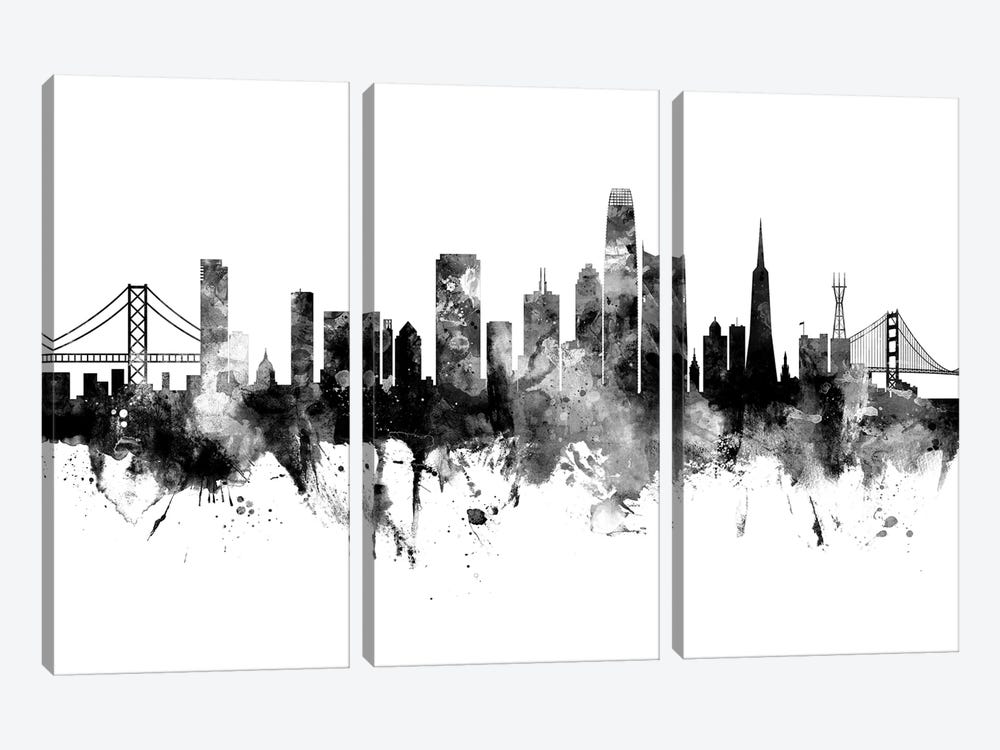 San Francisco California Skyline Black And White by Michael Tompsett 3-piece Art Print