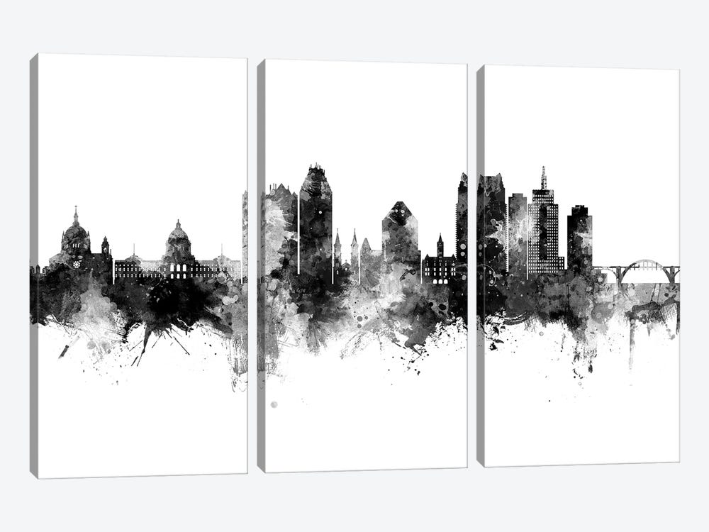 Saint Paul Minnesota Skyline Black And White by Michael Tompsett 3-piece Canvas Print