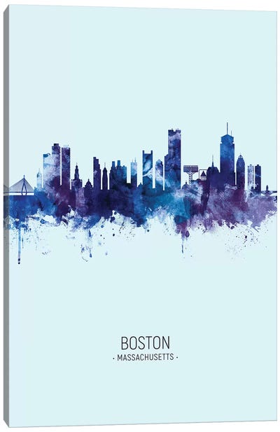 Boston Massachusetts Skyline Portrait Dark Blue Canvas Art Print - Boston Art