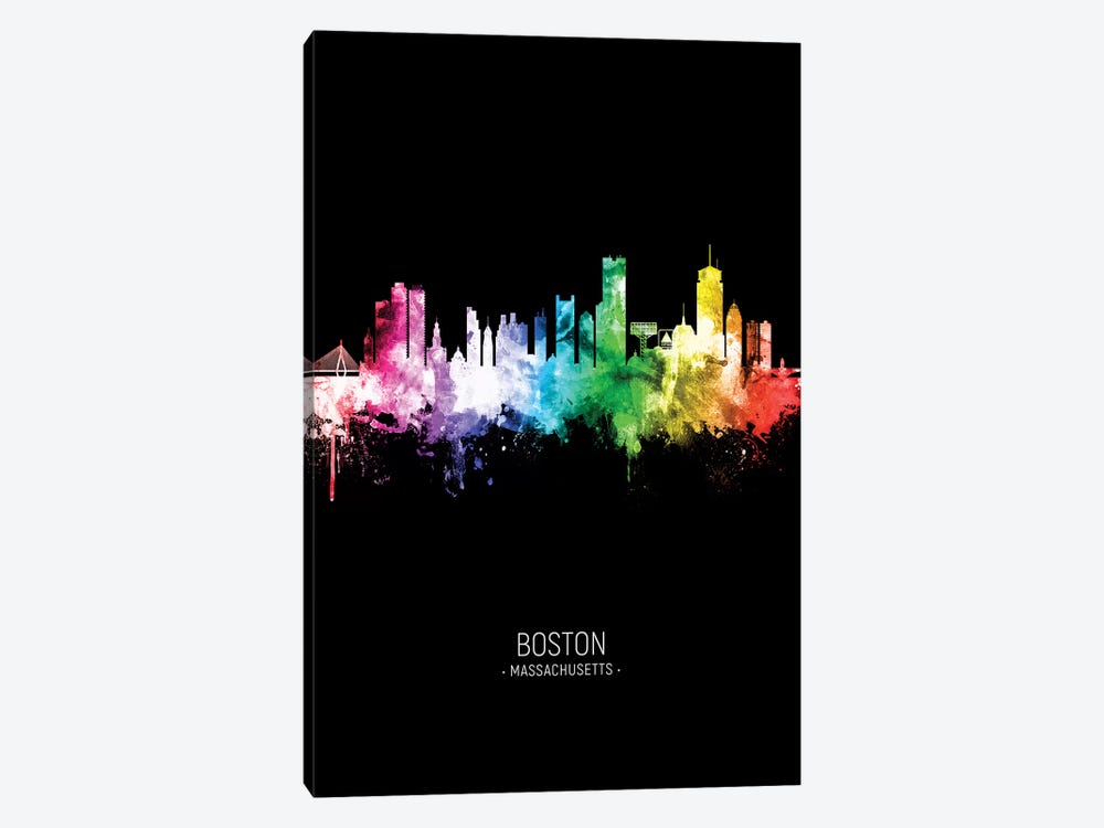 Boston Skyline Portrait Rainbow Black by Michael Tompsett 1-piece Canvas Wall Art