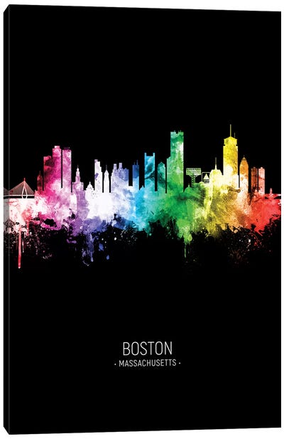 Boston Skyline Portrait Rainbow Black Canvas Art Print - Massachusetts Art