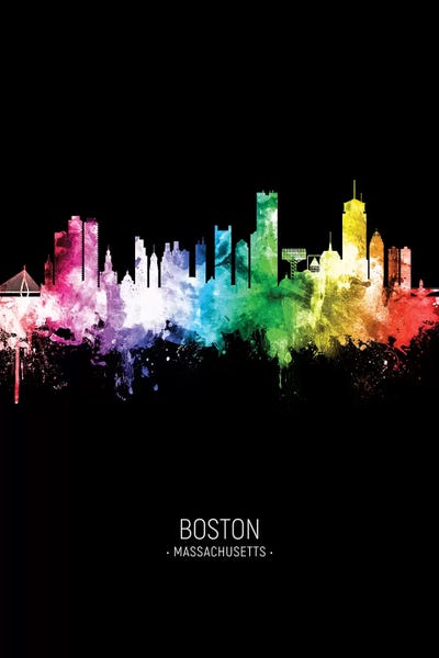 Massachusetts: Boston Skyline Portrait Rainbow Black by Michael Tompsett