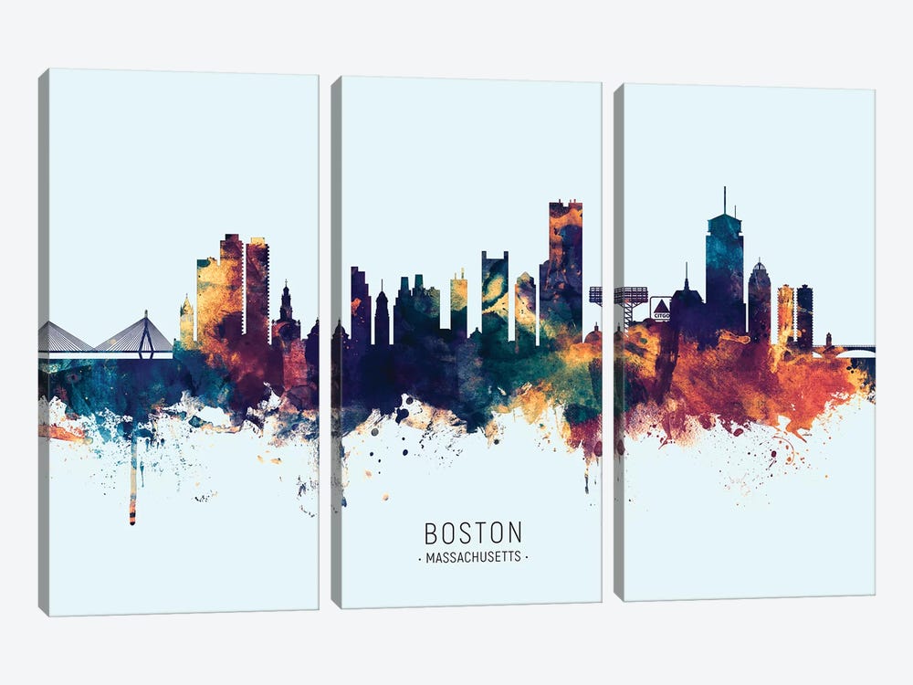 Boston Massachusetts Skyline Blue Orange by Michael Tompsett 3-piece Canvas Artwork