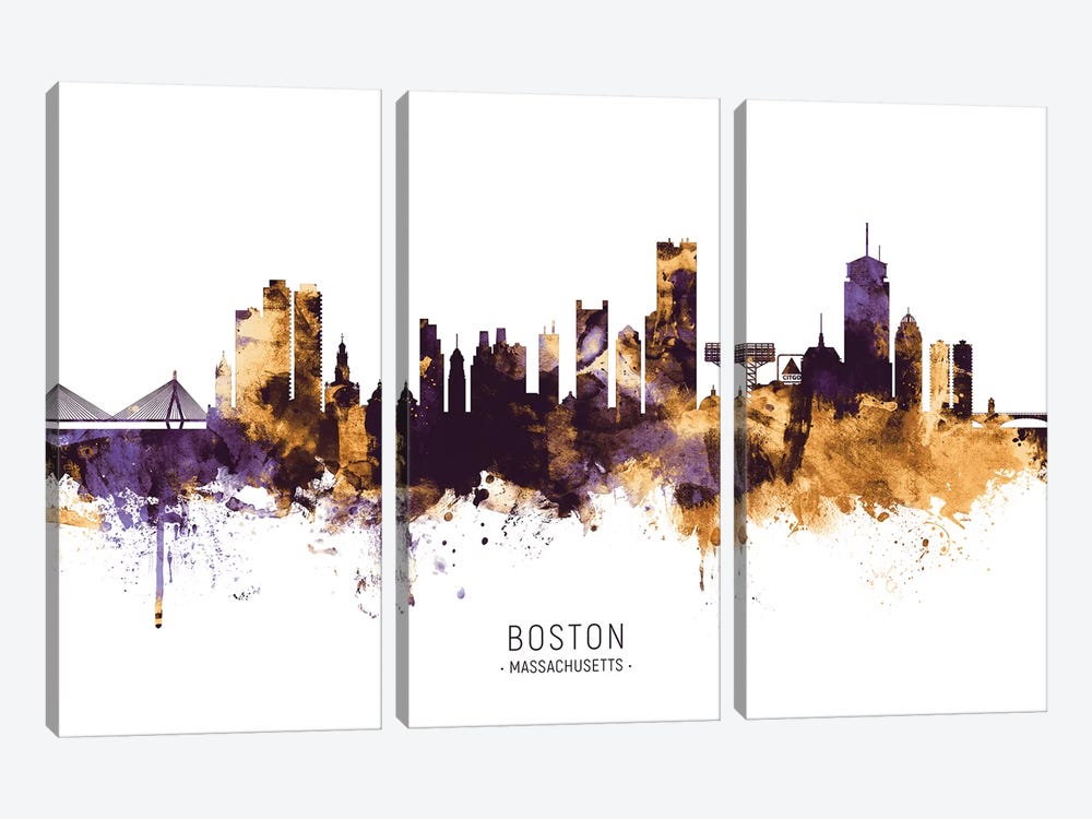 Boston Massachusetts Skyline Purple Gold by Michael Tompsett 3-piece Canvas Art Print