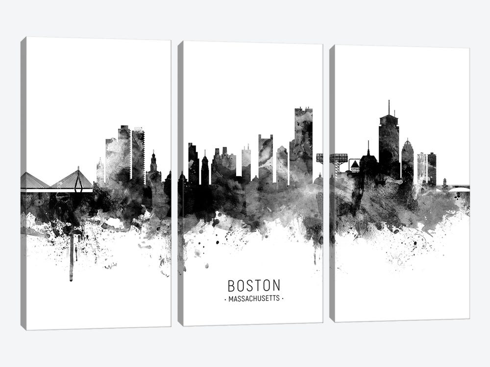 Boston Massachusetts Skyline Name Black And White by Michael Tompsett 3-piece Canvas Art