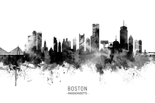 Black & White Scenic Art: Boston Massachusetts Skyline Name Black And White by Michael Tompsett
