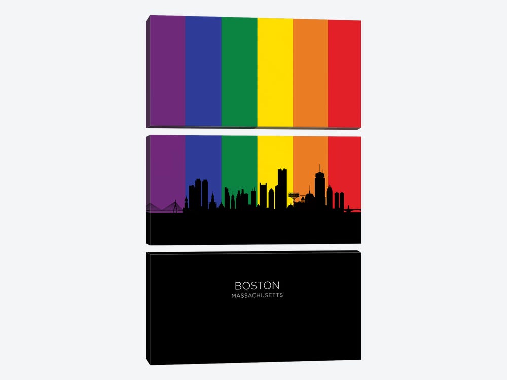 Boston Skyline Rainbow Flag by Michael Tompsett 3-piece Canvas Wall Art