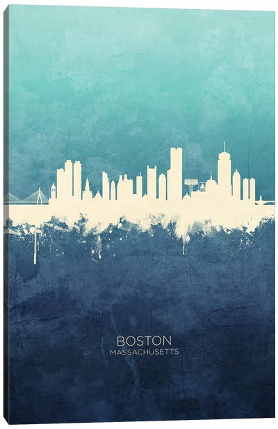 Boston Massachusetts Skyline Navy Cyan Canvas Art Print - Boston Art