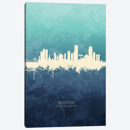 Boston Massachusetts Skyline Navy Cyan Canvas Print #MTO2501} by Michael Tompsett Canvas Print