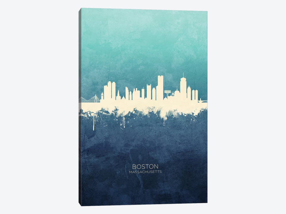 Boston Massachusetts Skyline Navy Cyan by Michael Tompsett 1-piece Canvas Art
