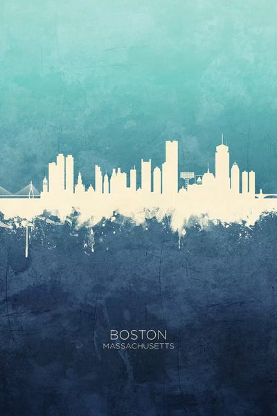 Michael Tompsett: Navy Cyan Boston Massachusetts Skyline by Michael Tompsett