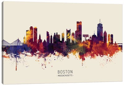 Boston Massachusetts Skyline Red Beige Canvas Art Print