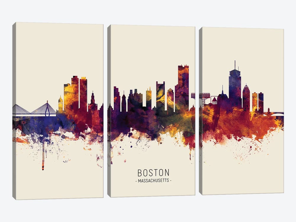 Boston Massachusetts Skyline Red Beige by Michael Tompsett 3-piece Canvas Print