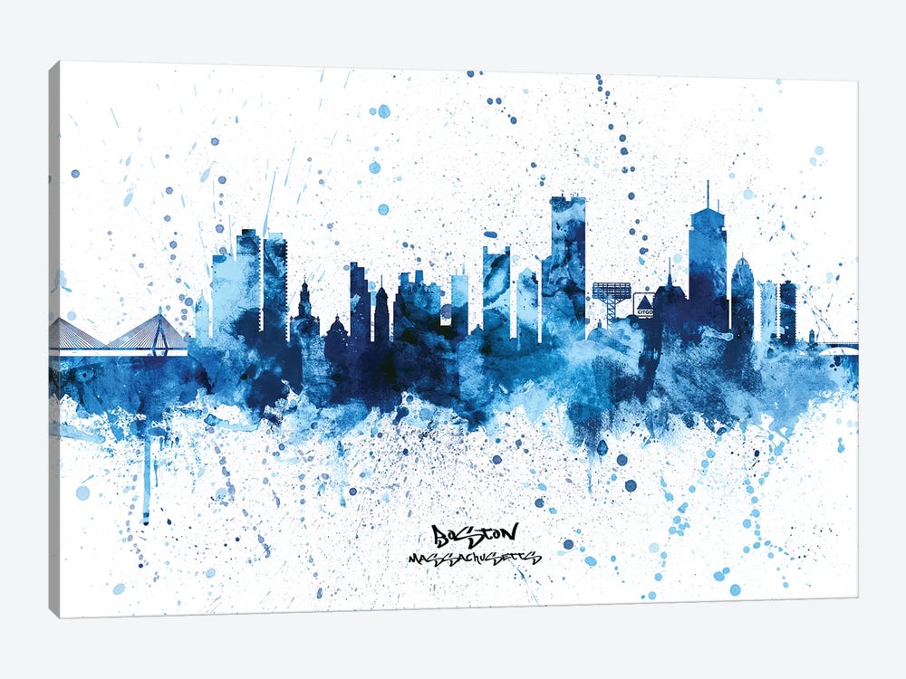 Boston Massachusetts Skyline Splash Blue by Michael Tompsett 1-piece Canvas Art