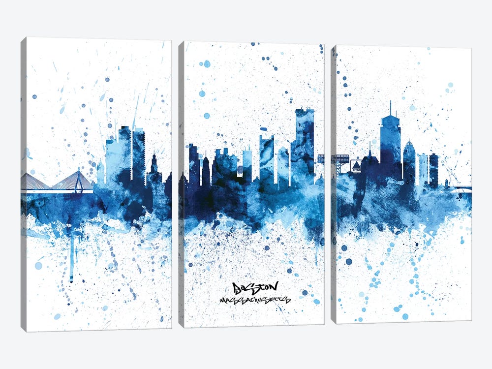 Boston Massachusetts Skyline Splash Blue by Michael Tompsett 3-piece Canvas Art