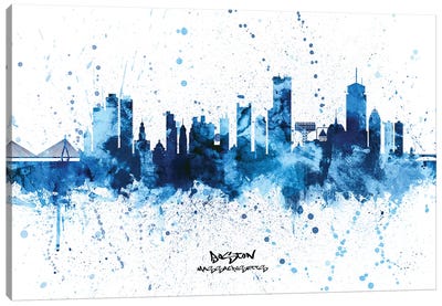 Boston Massachusetts Skyline Splash Blue Canvas Art Print - Massachusetts Art