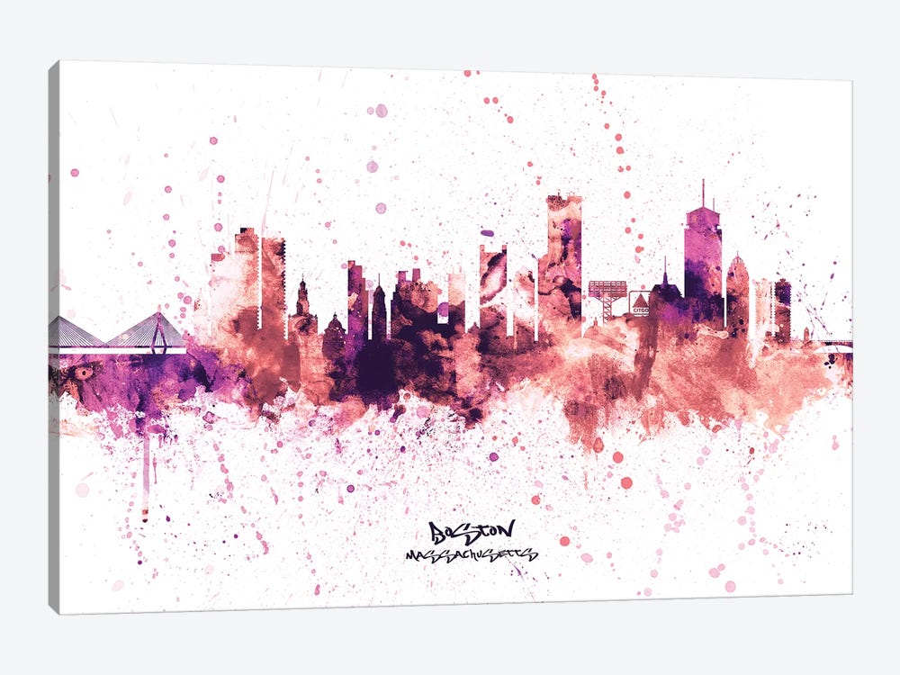 Boston Massachusetts Skyline Splash Pink by Michael Tompsett 1-piece Canvas Print