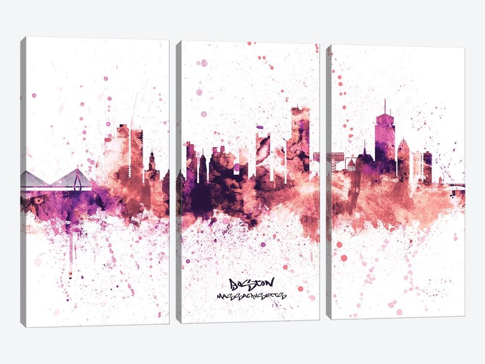 Boston Massachusetts Skyline Splash Pink by Michael Tompsett 3-piece Canvas Art Print